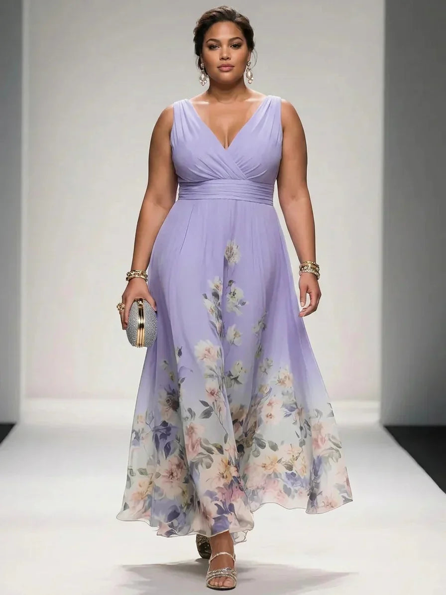 Salma | Lys Blå Blomstrete Chiffon V-Hals Maxi Kjole