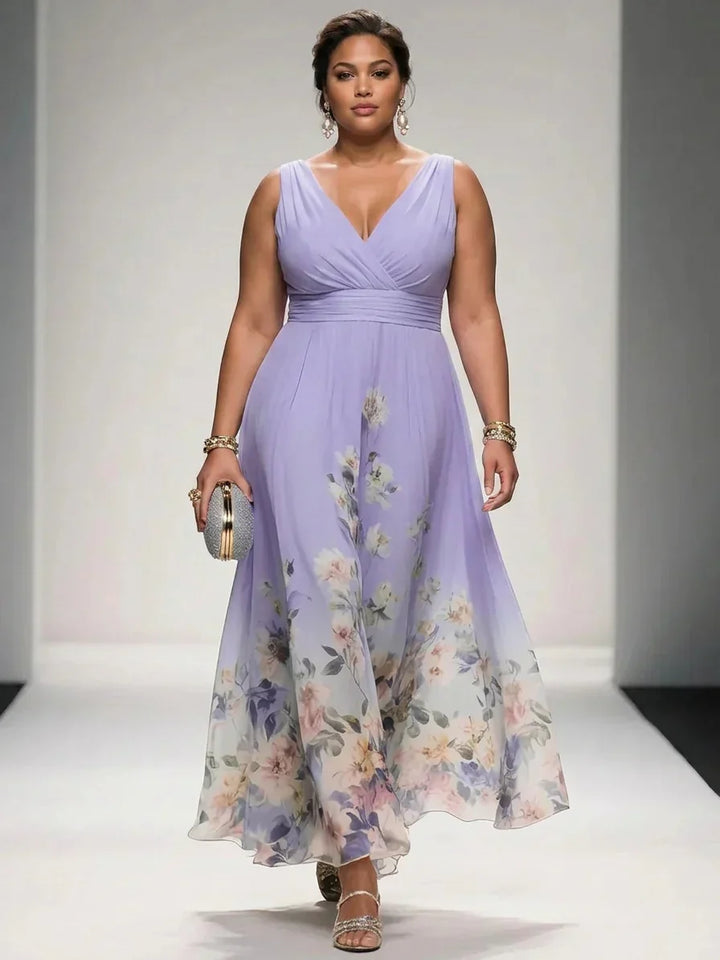 Salma | Lys Blå Blomstrete Chiffon V-Hals Maxi Kjole