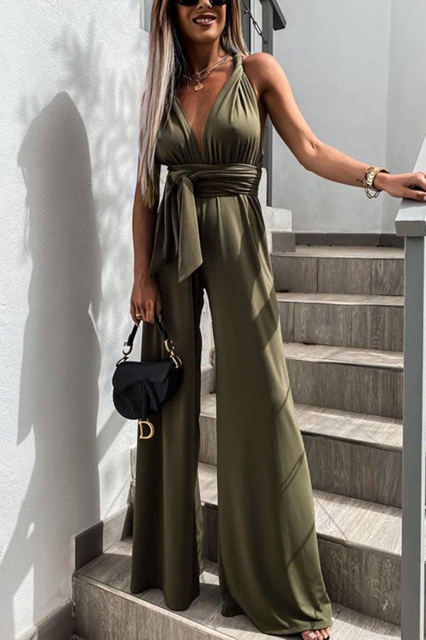 Edith - Ensfarget Slim V-hals Snøring Uten Ermer Jumpsuit