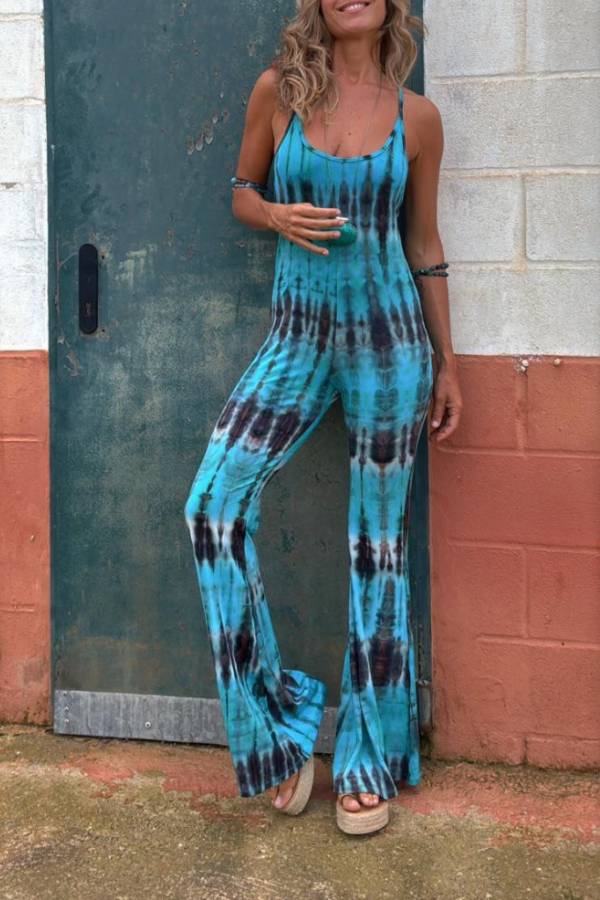 Ula Style Tie-dye Print Ryggløs Knyte Stretch Flared Jumpsuit