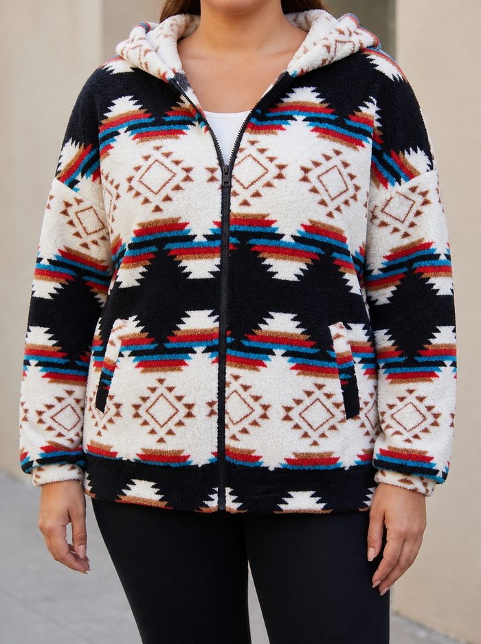 Dame Sherpa Pullover med Aztekermønster og Lynlås