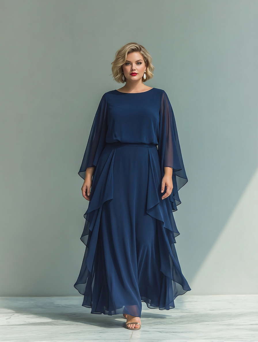 Navy Blue Chiffon Top Set med Utsvingte Ermer og Rett Ben Bukser med Rynkede Detaljer