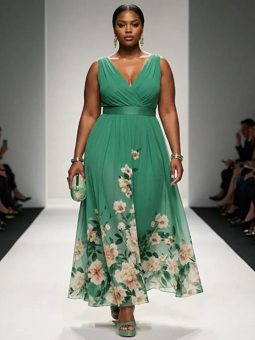 Salma | Lys Blå Blomstrete Chiffon V-Hals Maxi Kjole