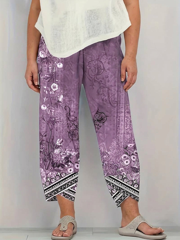 Olwen | Vintage Floral Capri Bukse Med Elastisk Midje