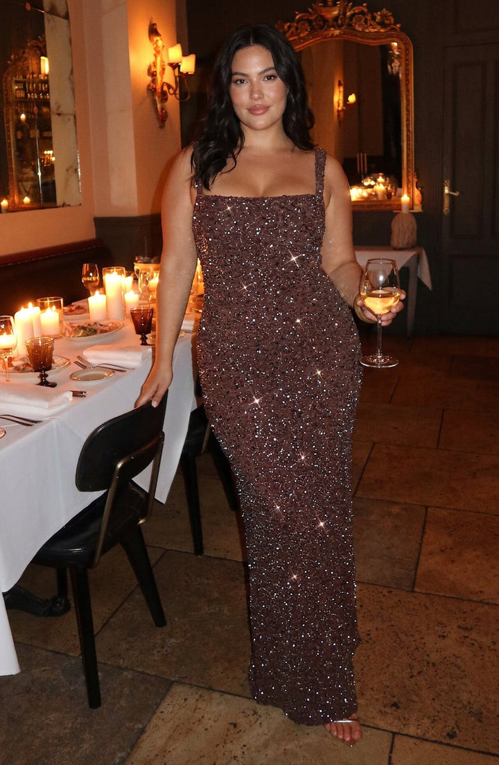 Esmé Maxi Kjole - Plommebrun Glitter