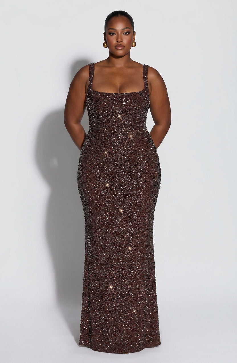 Esmé Maxi Kjole - Plommebrun Glitter