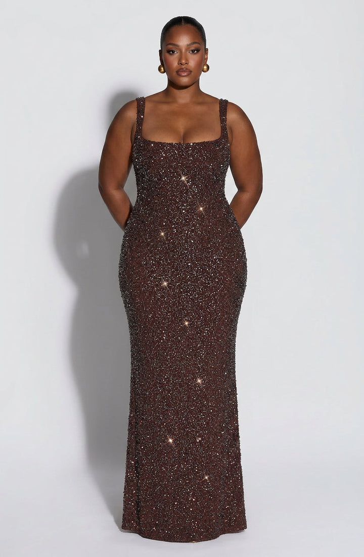 Esmé Maxi Kjole - Plommebrun Glitter