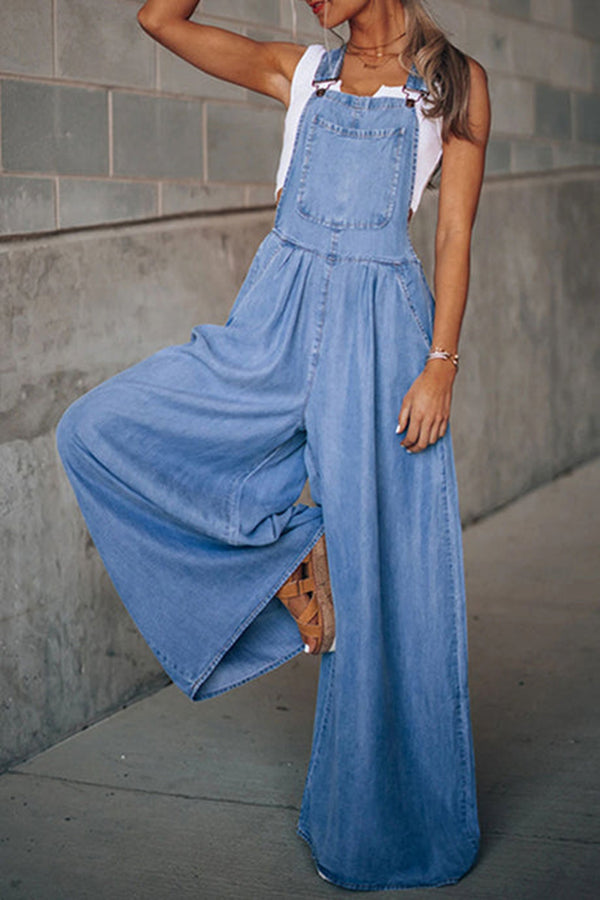 Esmé - Motemessig Casual Solid Pocket Spaghetti Strap Løs Jumpsuit