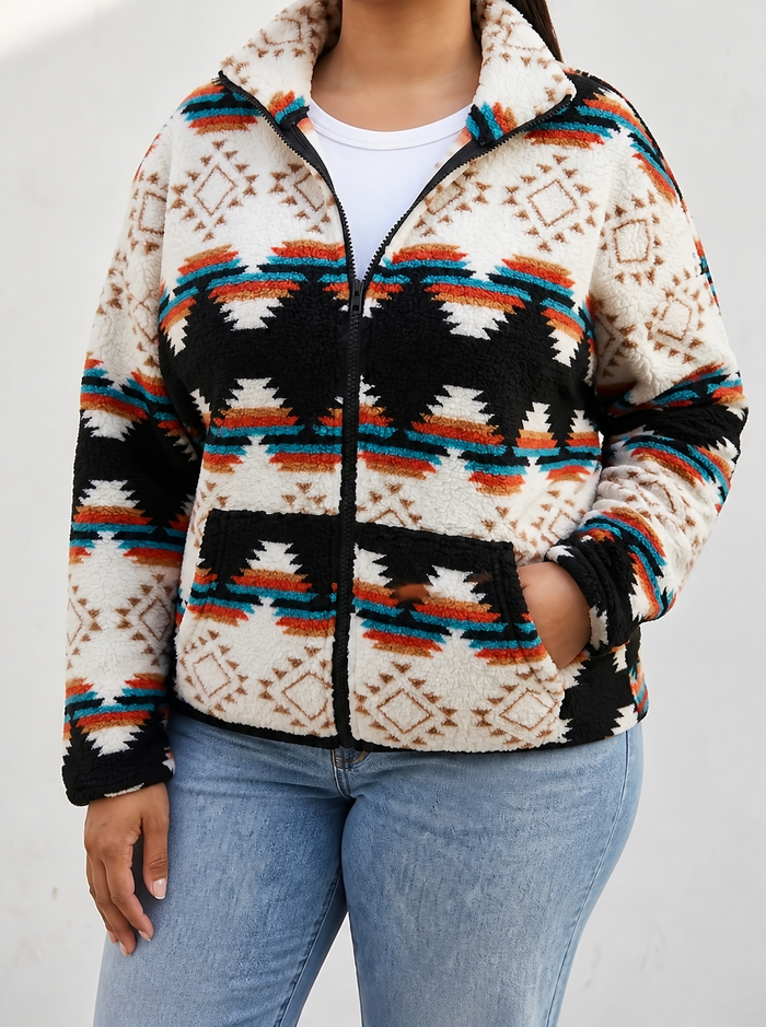 Dame Sherpajakke med Aztekermønster og Hette