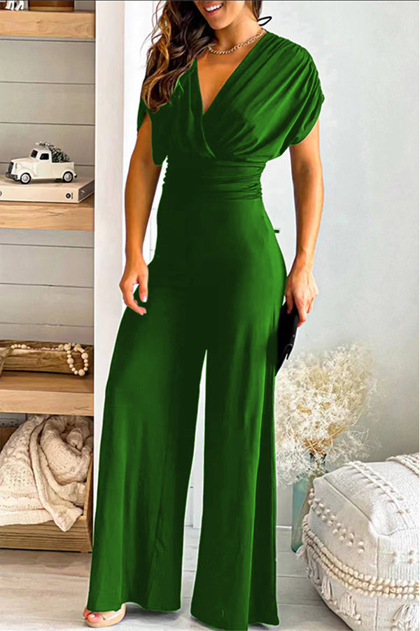 Zaina - V-hals solid slim fit midje vide ben jumpsuit