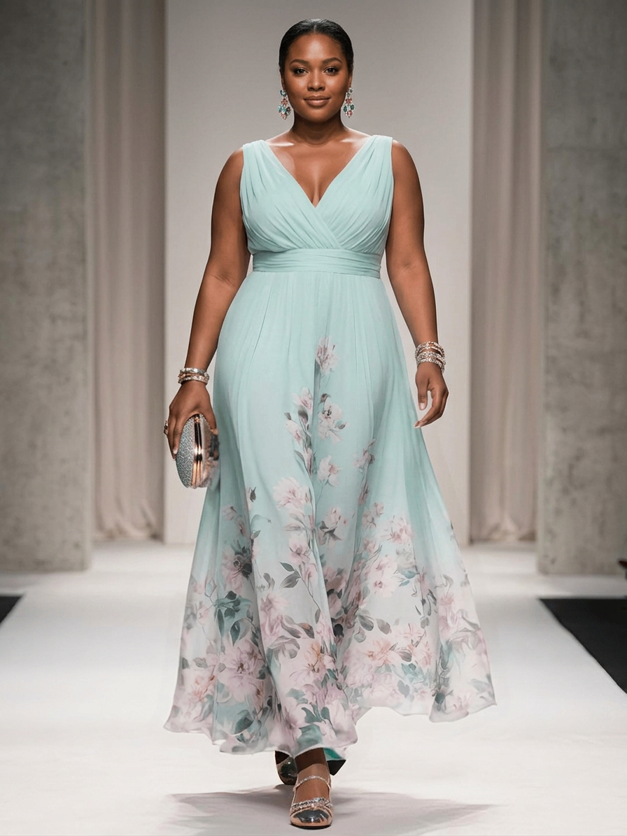 Salma | Lys Blå Blomstrete Chiffon V-Hals Maxi Kjole