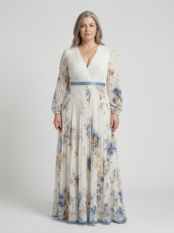 Nadia | Langermet V-hals Blomstrete Maxi Kjole