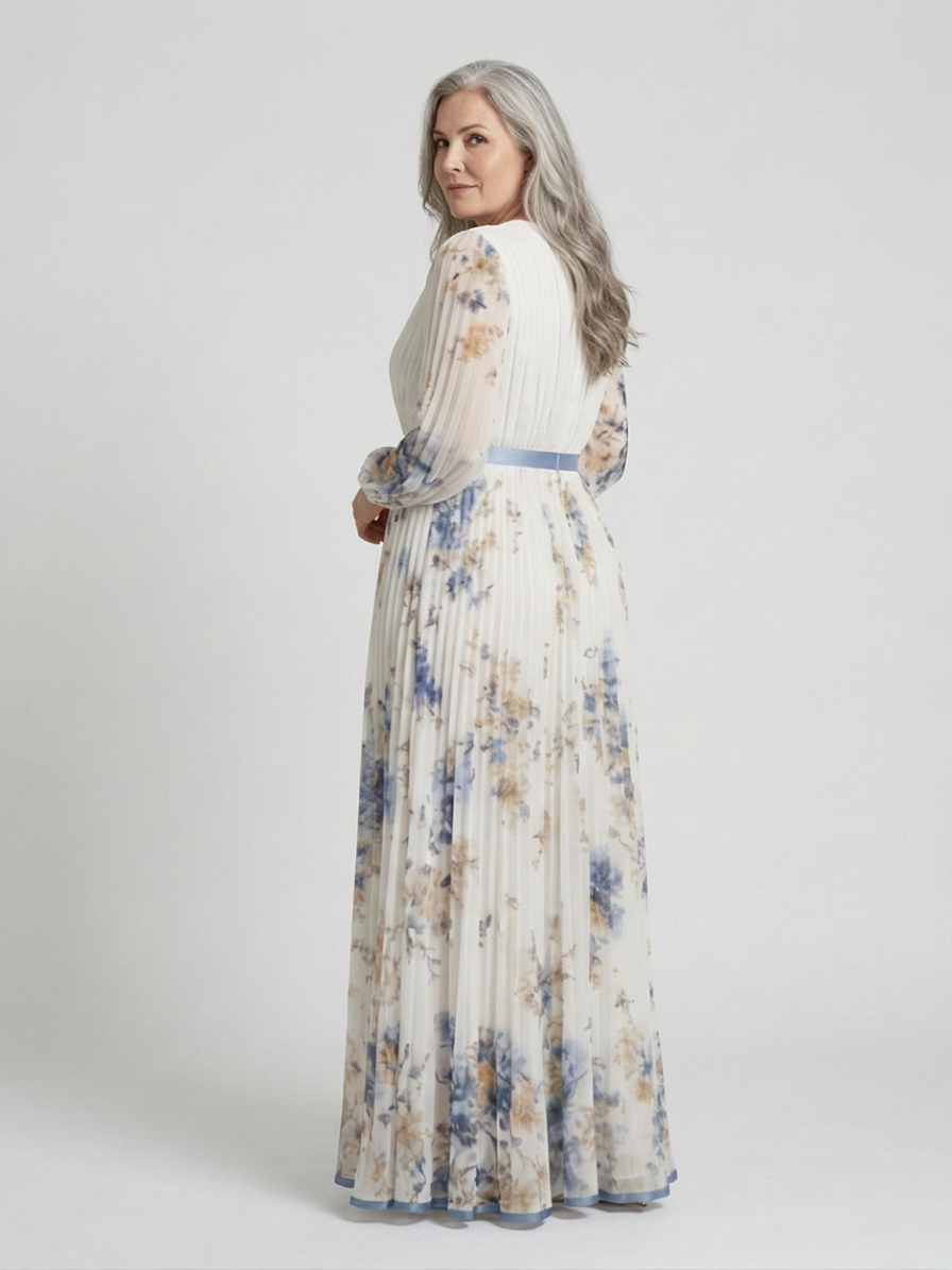 Nadia | Langermet V-hals Blomstrete Maxi Kjole