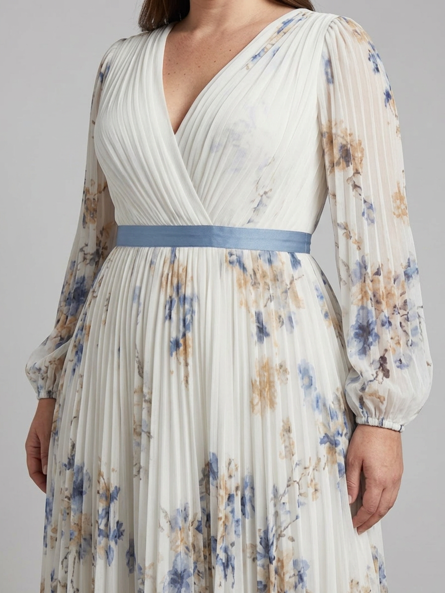 Nadia | Langermet V-hals Blomstrete Maxi Kjole