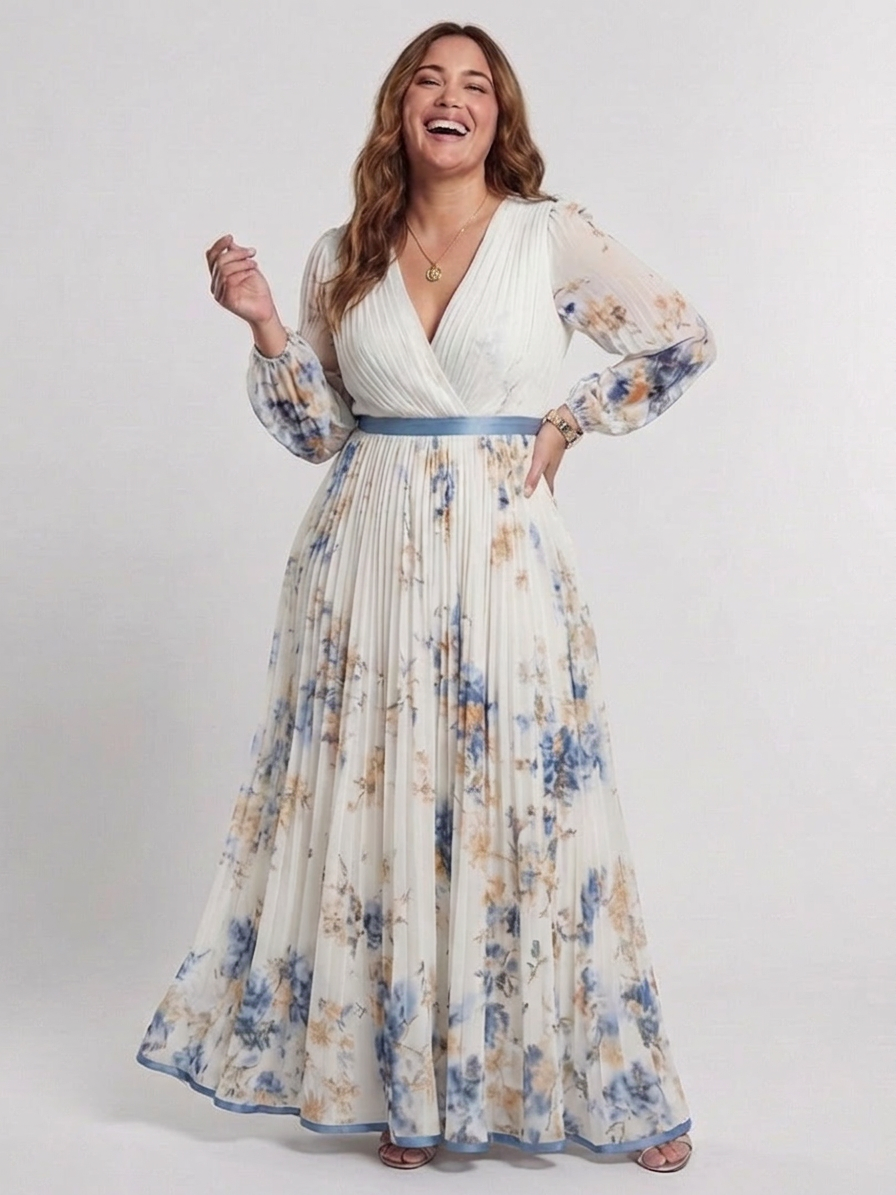Nadia | Langermet V-hals Blomstrete Maxi Kjole