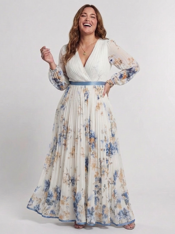 Nadia | Langermet V-hals Blomstrete Maxi Kjole
