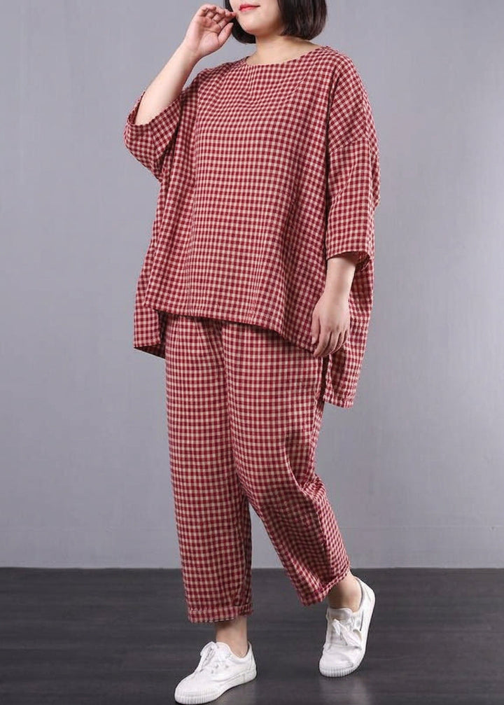 Elke - Casual Pluss Størrelse Bomull Lin Rød Rutete Vintage Bluse Og Bukser