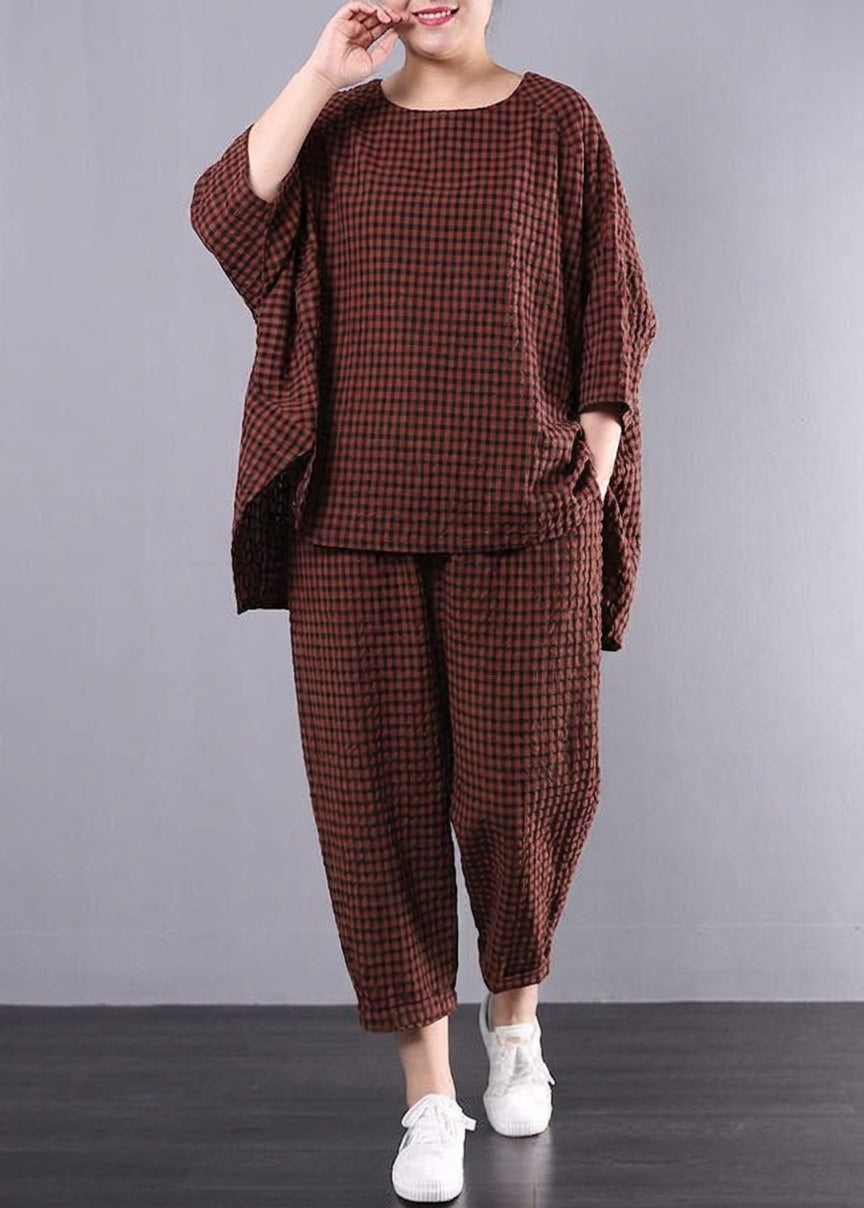 Elke - Casual Pluss Størrelse Bomull Lin Rød Rutete Vintage Bluse Og Bukser