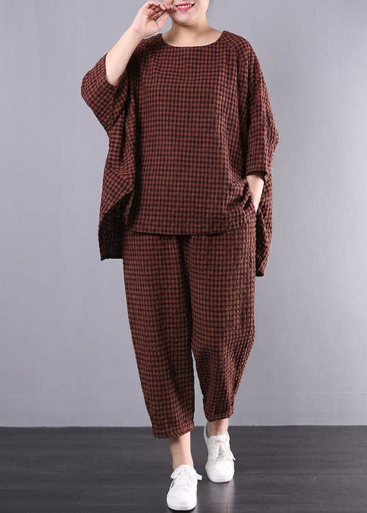 Elke - Casual Pluss Størrelse Bomull Lin Rød Rutete Vintage Bluse Og Bukser