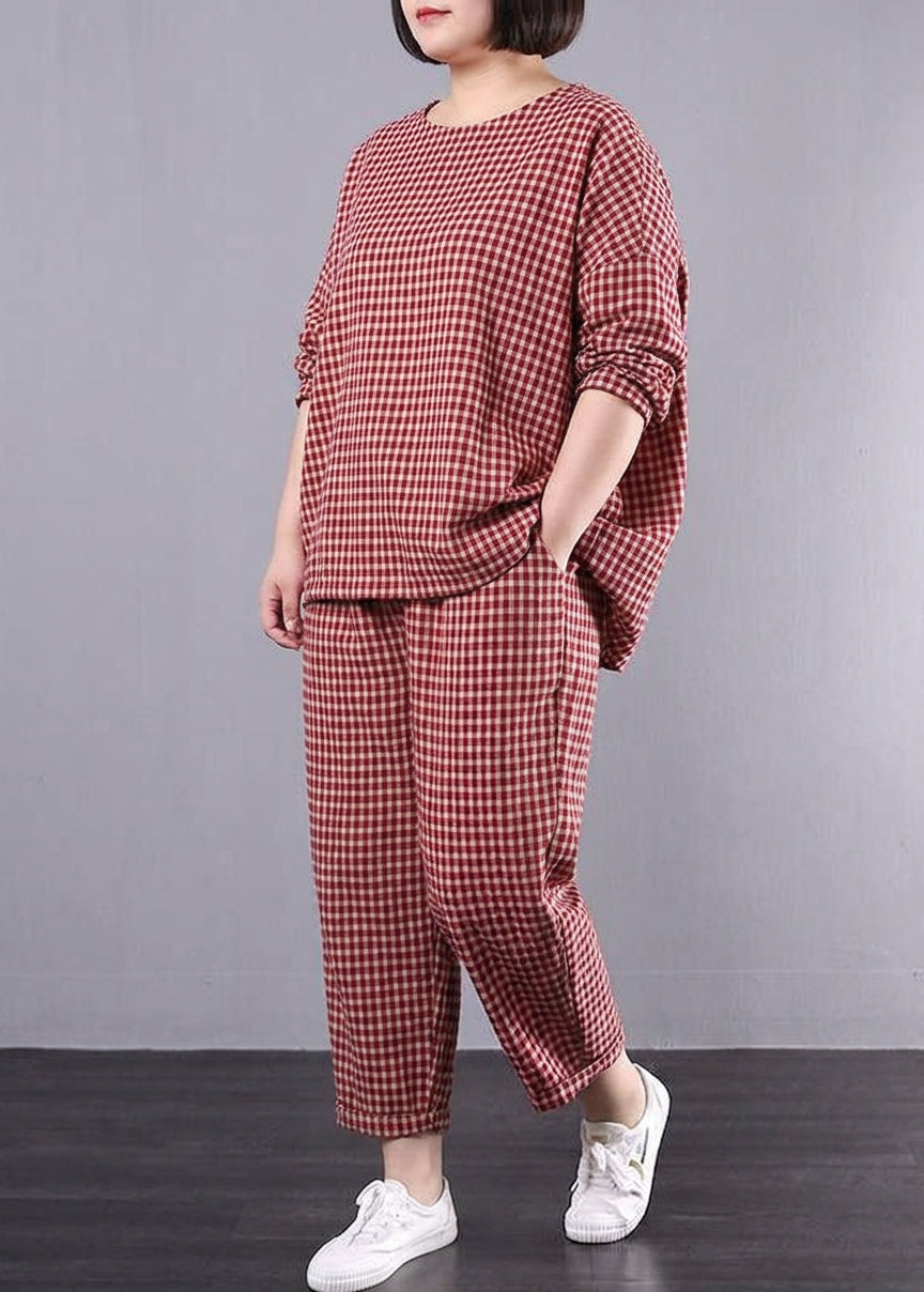 Elke - Casual Pluss Størrelse Bomull Lin Rød Rutete Vintage Bluse Og Bukser