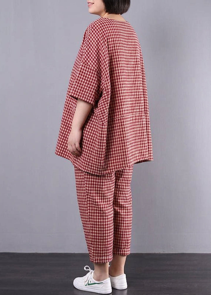 Elke - Casual Pluss Størrelse Bomull Lin Rød Rutete Vintage Bluse Og Bukser