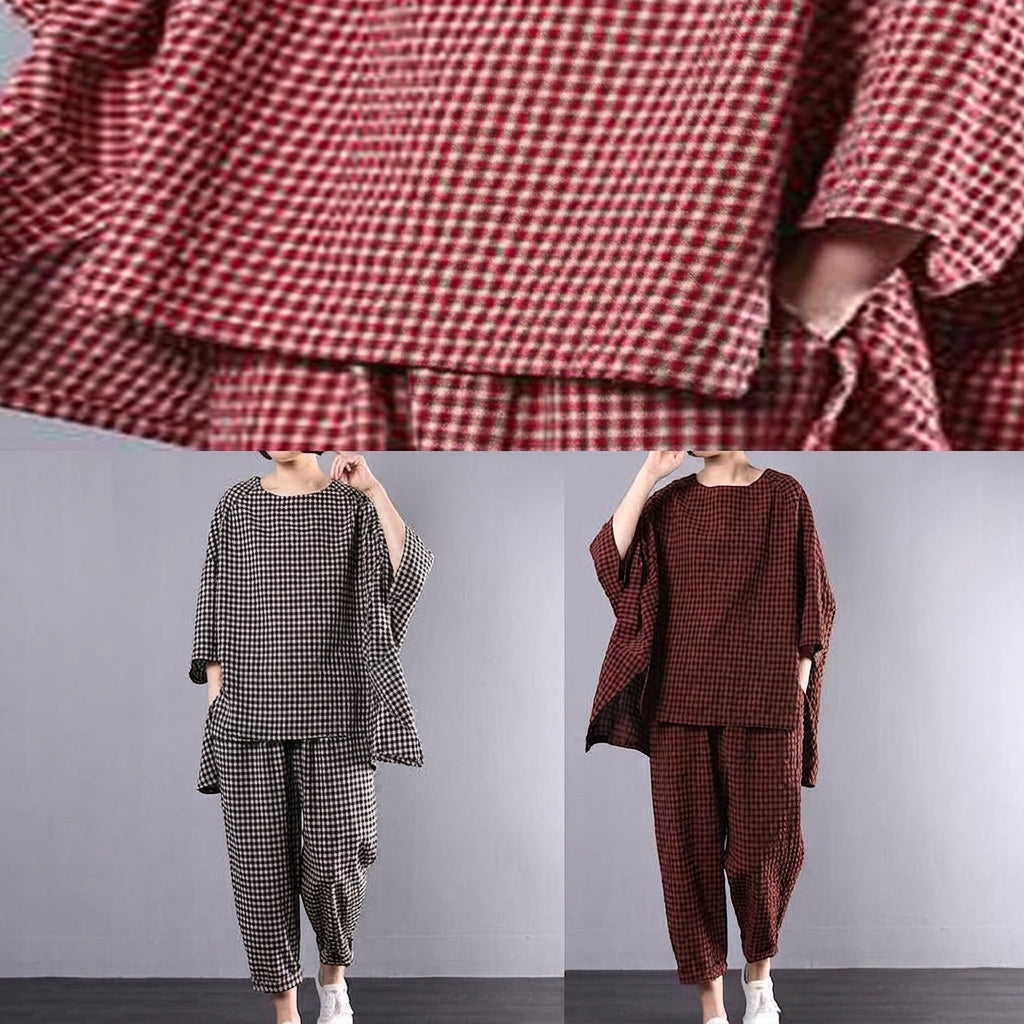 Elke - Casual Pluss Størrelse Bomull Lin Rød Rutete Vintage Bluse Og Bukser