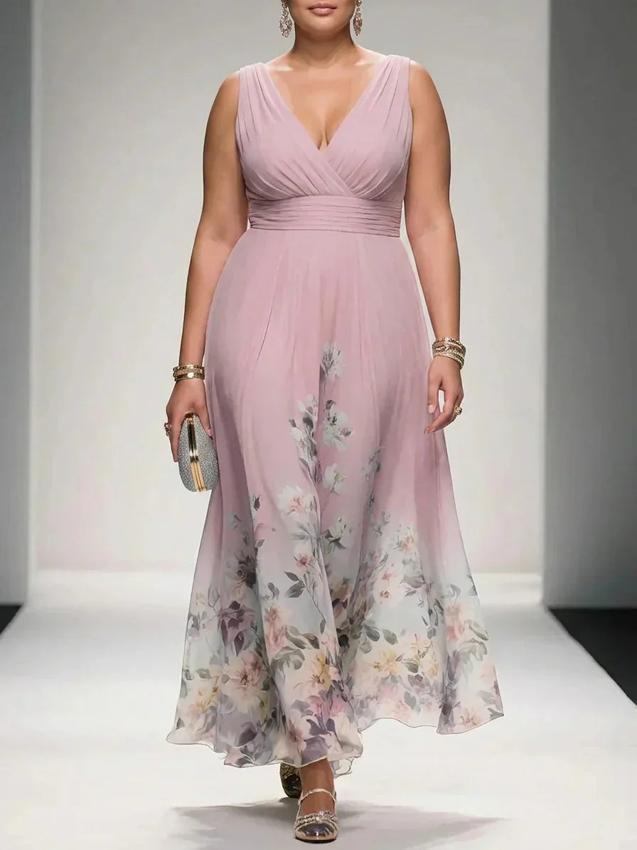 Salma | Lys Blå Blomstrete Chiffon V-Hals Maxi Kjole