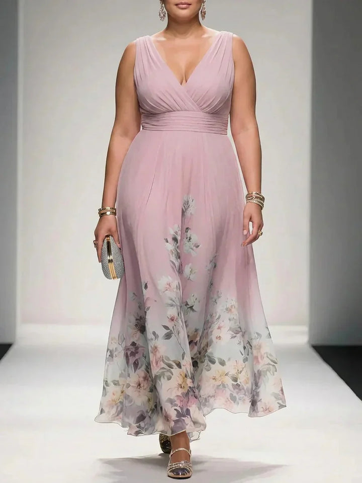 Salma | Lys Blå Blomstrete Chiffon V-Hals Maxi Kjole