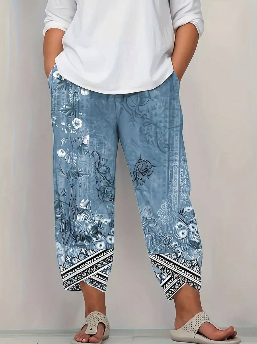 Olwen | Vintage Floral Capri Bukse Med Elastisk Midje