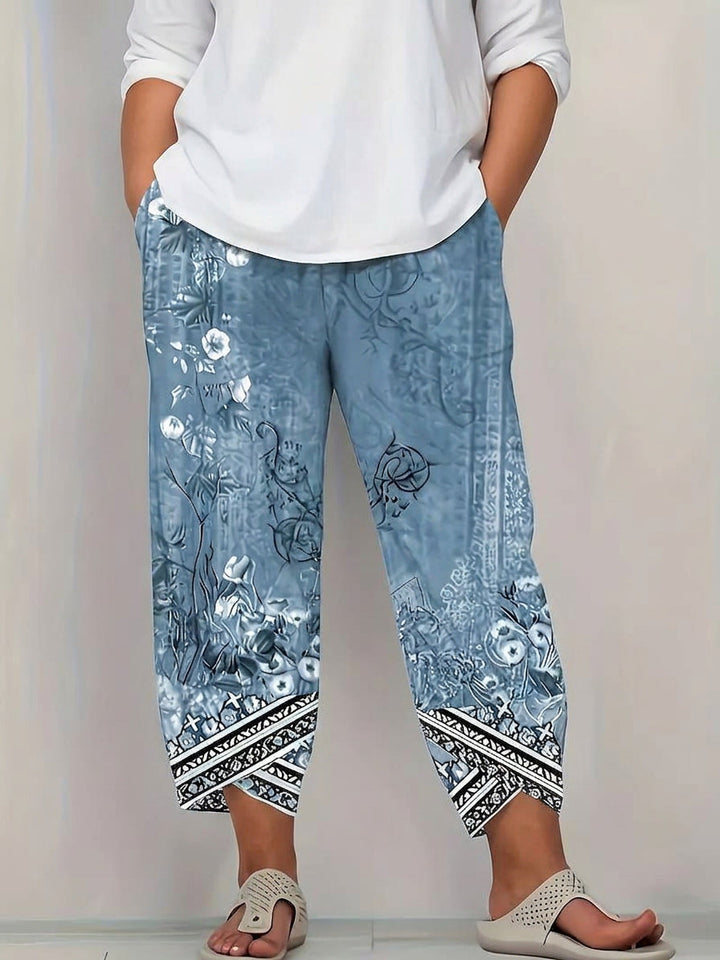 Olwen | Vintage Floral Capri Bukse Med Elastisk Midje