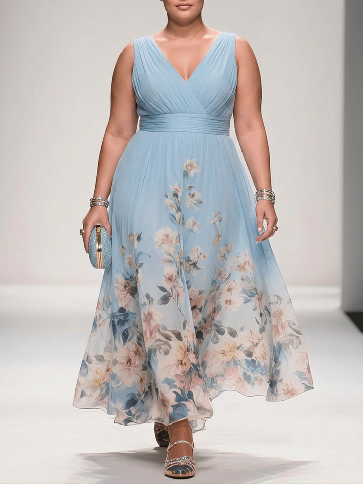 Salma | Lys Blå Blomstrete Chiffon V-Hals Maxi Kjole