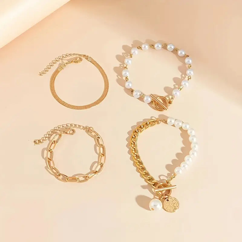 Fauna Gold 4-delt Armbåndsett - Slange, Perler &amp; Lenker | Gull