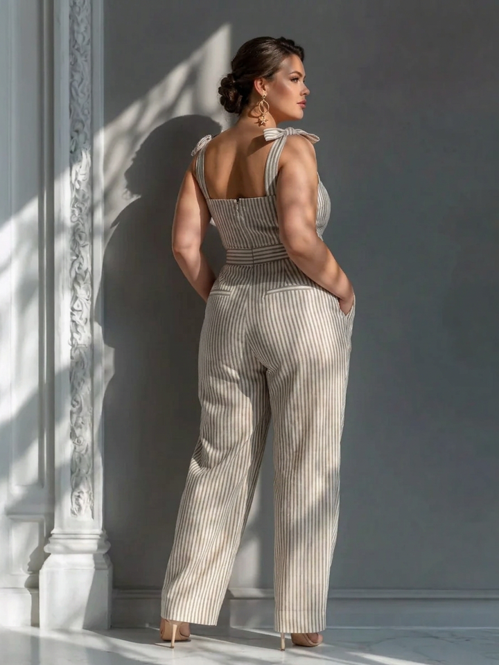 Gwendolyn - Beige Stripet Lin-Blend Tie-Shoulder Jumpsuit