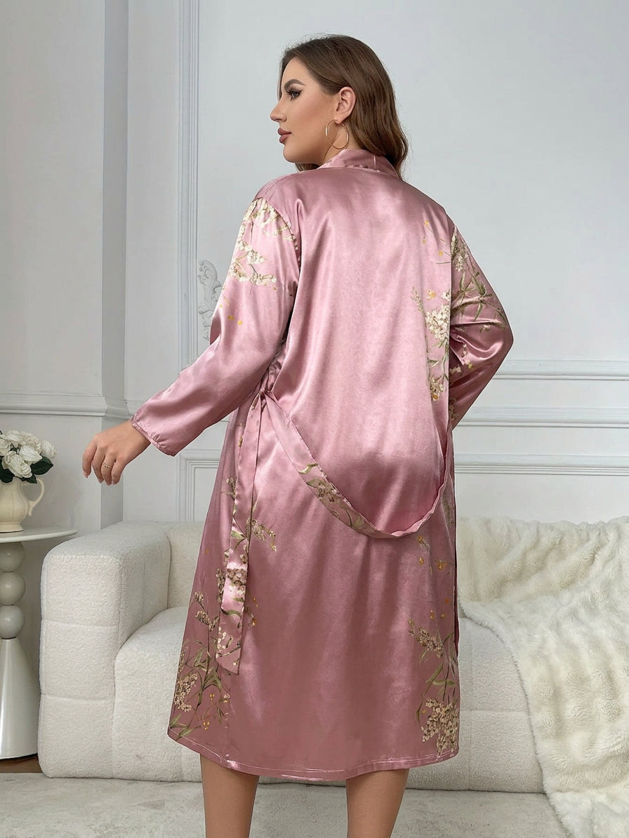 Vesper | 2-delt blomstret sateng camiskjorte og morgenkåpe sett