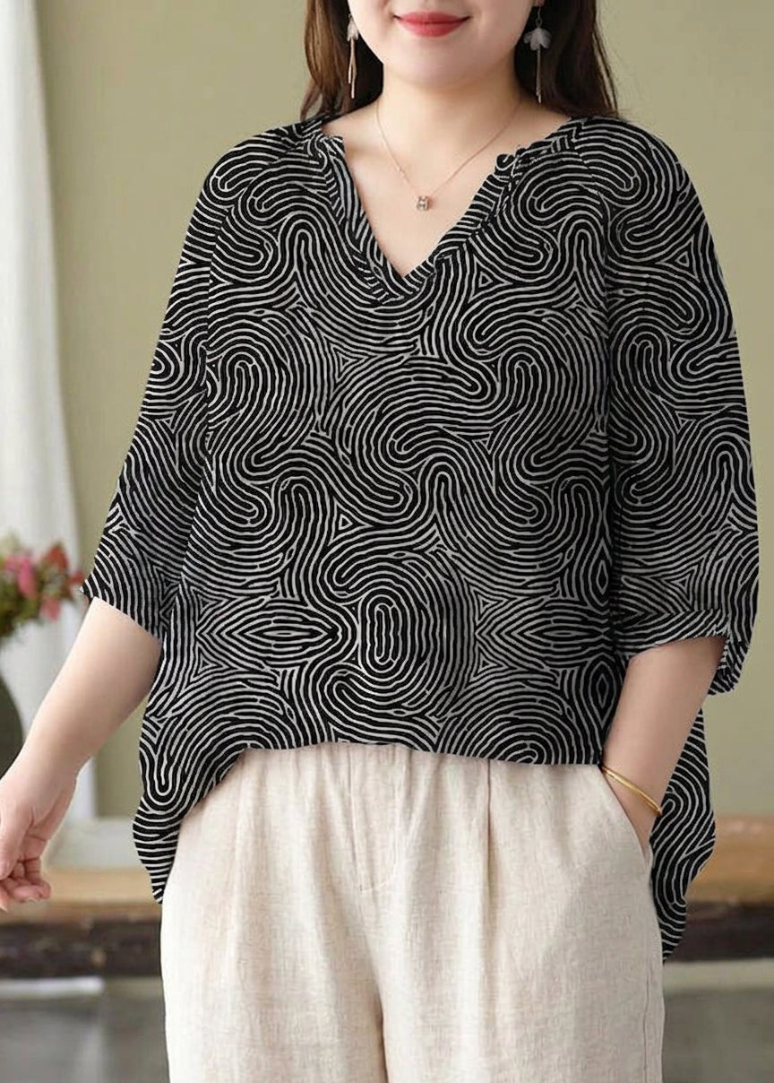 Estelle - Boutique Rosa V-hals Trykt Løs Høst Bluser med Halv Erme