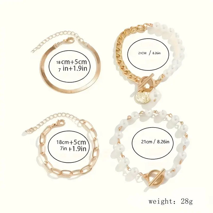 Fauna Gold 4-delt Armbåndsett - Slange, Perler &amp; Lenker | Gull