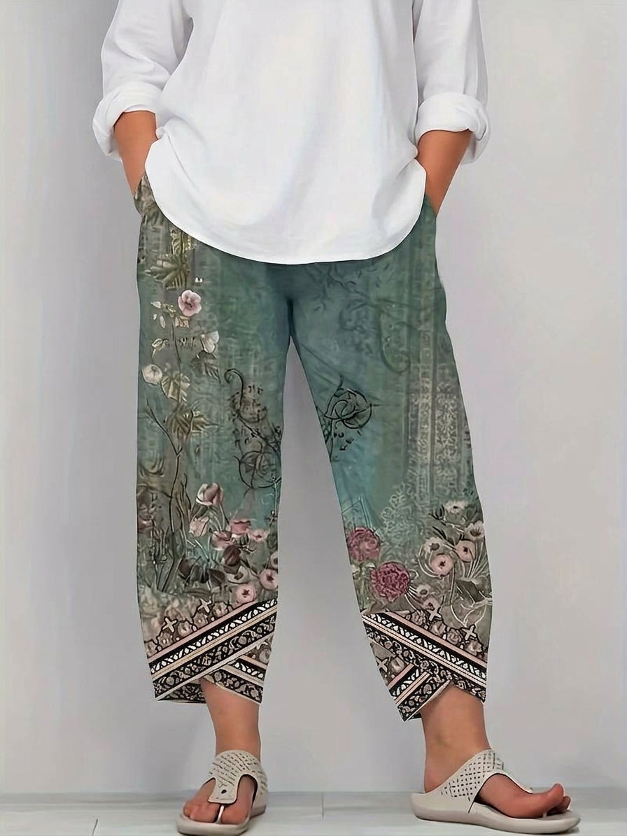 Olwen | Vintage Floral Capri Bukse Med Elastisk Midje