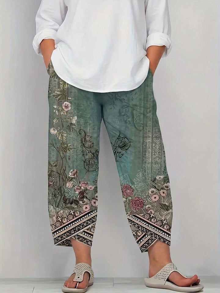 Olwen | Vintage Floral Capri Bukse Med Elastisk Midje