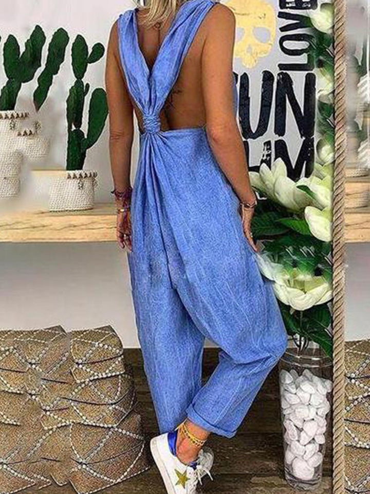 Bellamy - Løs Jumpsuit i Bomull-Linn med Kryssrygg