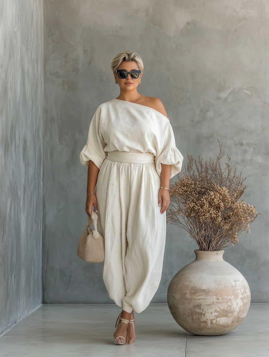 Kvinnesett i Off-White med Avtagbar Top og Tapered Bukser