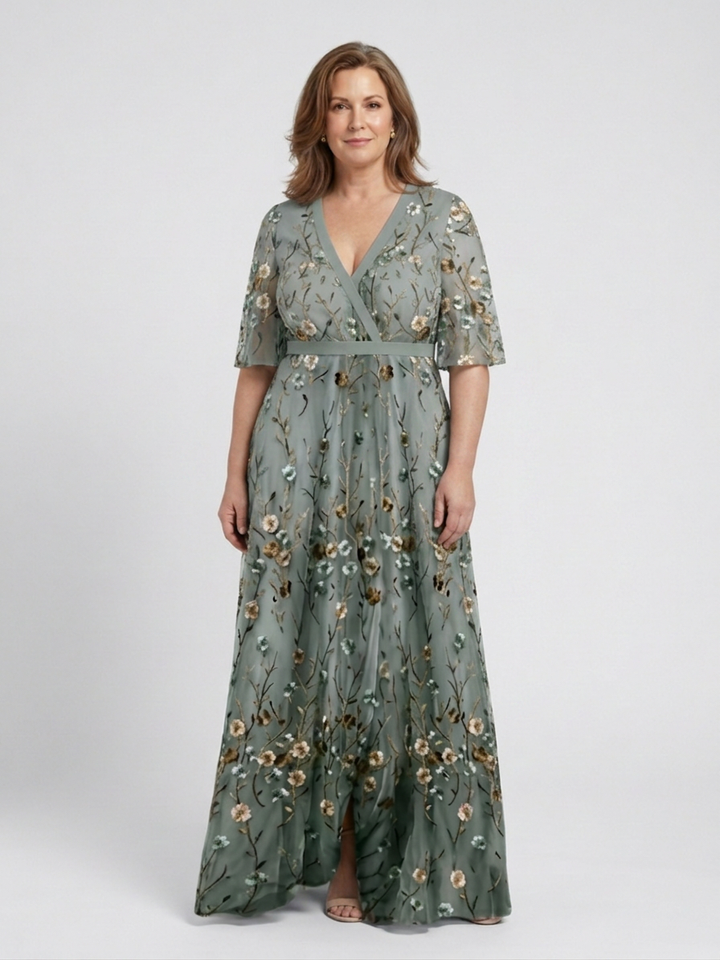 Stella &amp; Grace™ | Blomster V-hals Maxikjole med Korte Ermer
