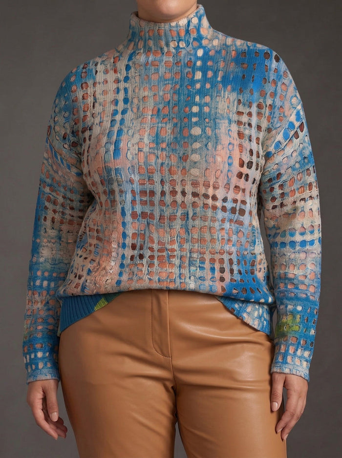 Dame Polokrage Genser med Indigo Lattice Mønster