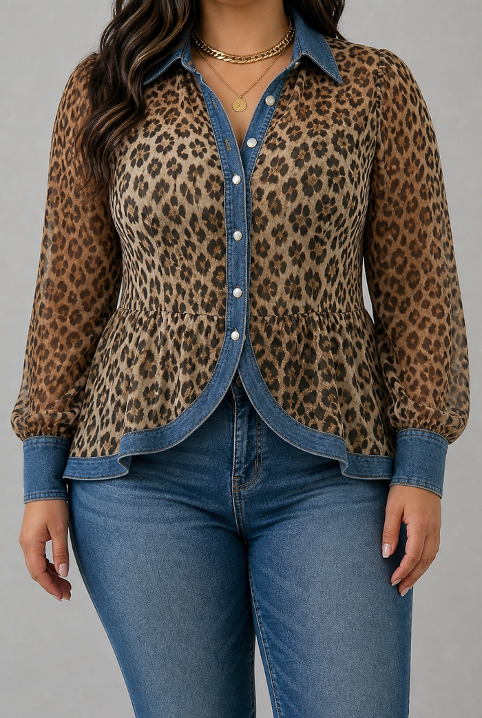 Dame Leopardmønster Langjacke med Denimdetaljer