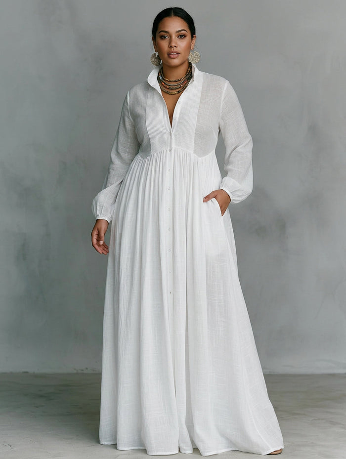Sunniva | Hvit Flytende Knapp-Front Maxi Kjole