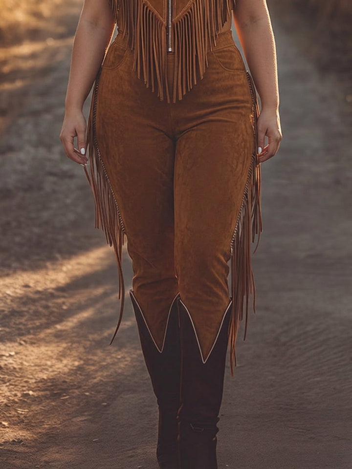 Solveig - Brun Suede Zip-Up Jumpsuit