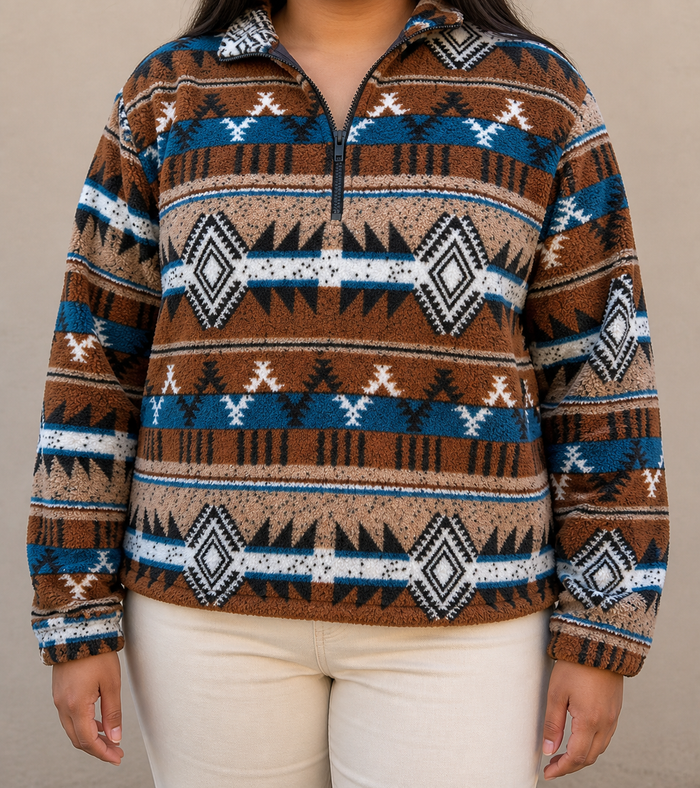 Dame Half-Zip Sherpa Genser med Horisontal Aztec Mønster