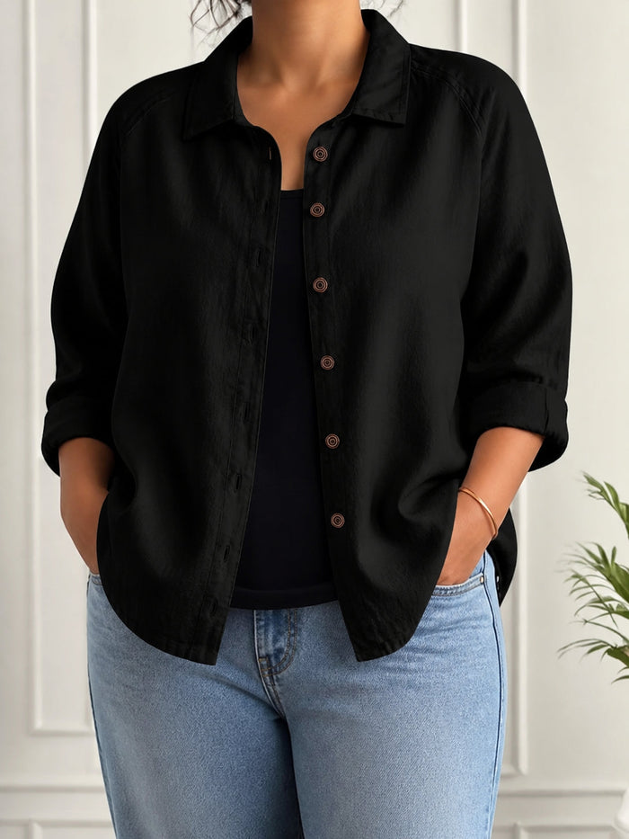 Dame Oversized Bluse med Knappelukning og Rund Halsringning