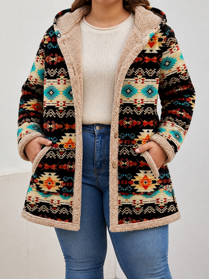 Dame Hettegenser Lang Cardigan Aztec-Mønster Sherpa-Fôr