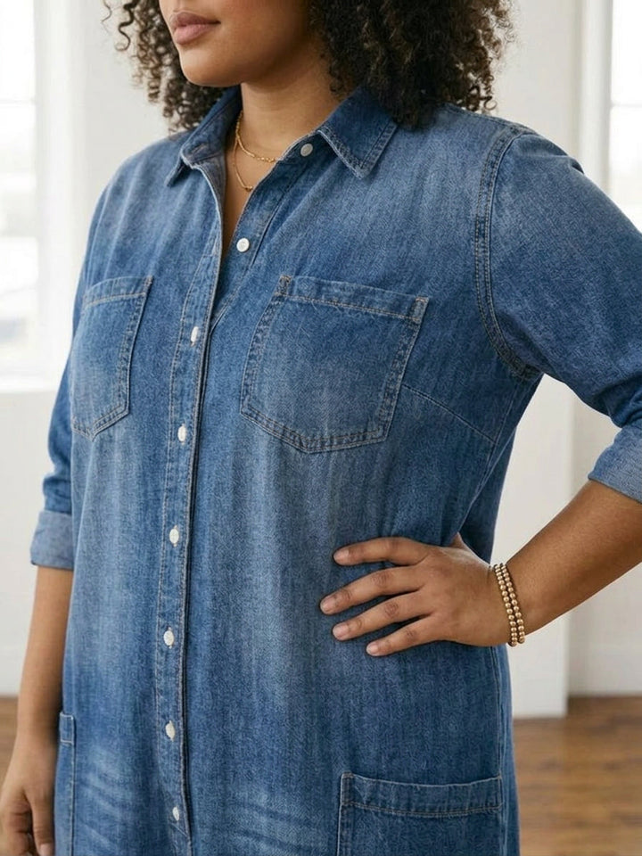Perle | Vintage Vasket Myk Bomull Denim Jumpsuit med Knapplukking