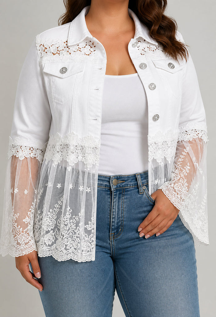 Dame Blonde-Denim Jakke med Floralt Blonde og Mesh-Ermer